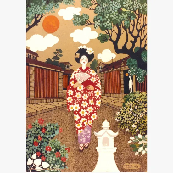 Girl in Kimono - A 500 Piece Artist Jigsaw Puzzle by Mario Miranda - Image 1